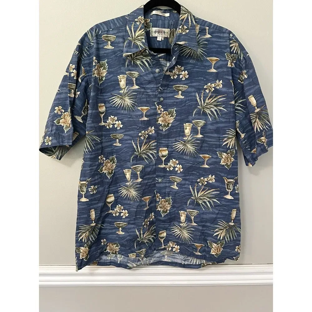Vintage Campia Mens Short Sleeve Button Down Beach Flowers And Drinks Size L